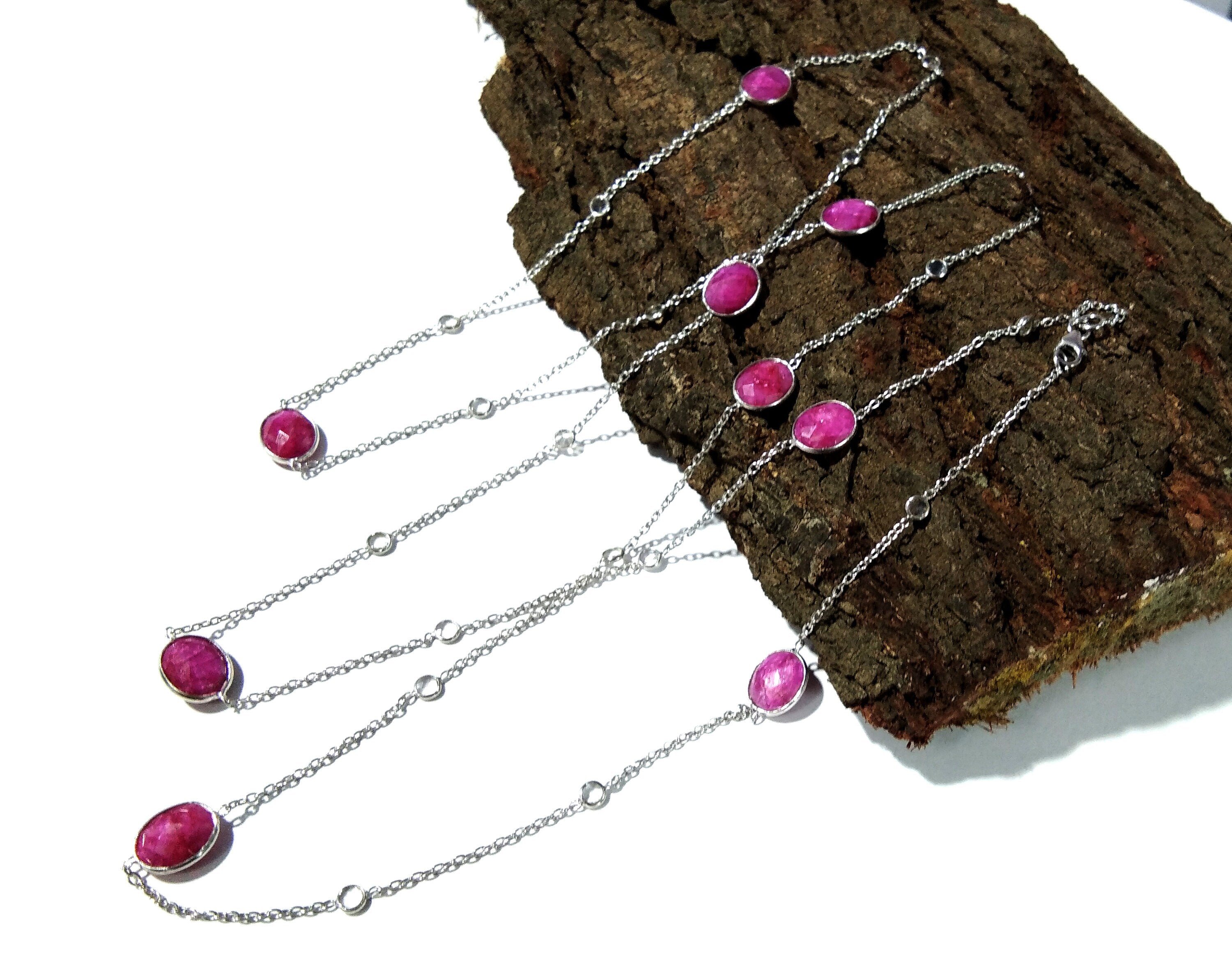Ruby Necklace in 925 Sterling Silver With Zircon Polky Necklace, Handmade Bezel Necklace 40" Inches Length.